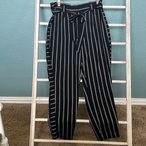 Express Black and White Pinstripe High-waisted Belted Ankle Pants